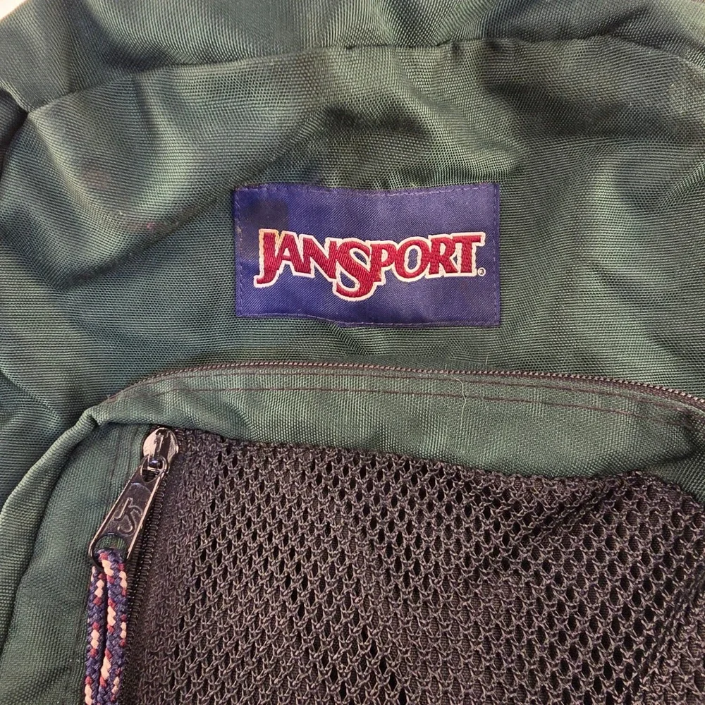 VTG 90's JanSport Backpack Forest Green Canvas Suede Leather Bottom Mesh Pocket